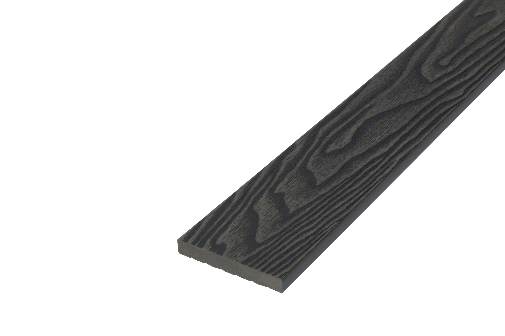 A sample of a dark grey composite skirting board with a wood-grain texture.